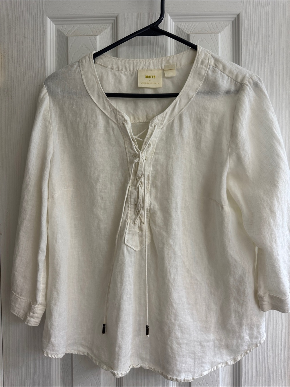 Maeve by Anthropologie Cream Lace-Up 100% Linen Tunic